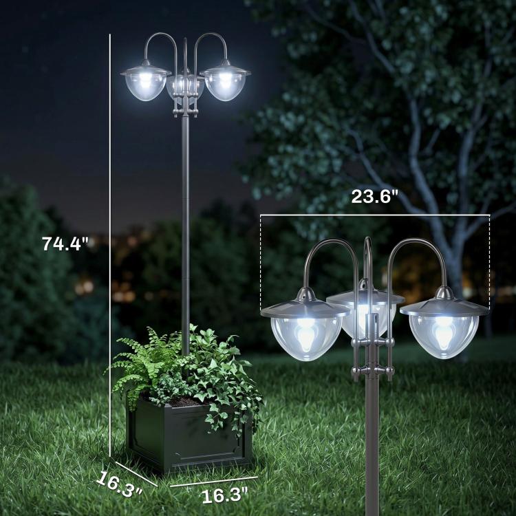 Three-head solar lamp post light with three frosted glass bulbs and planter base