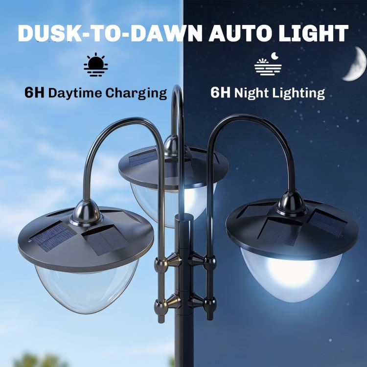 Three-head solar lamp post light with dark lamp heads and built-in solar panel
