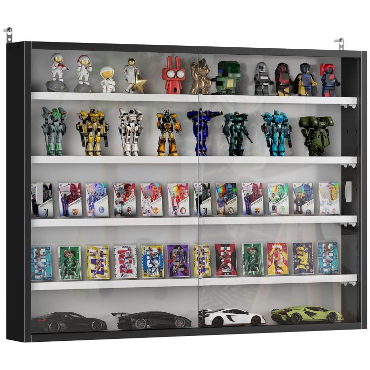 Black wall-mounted display cabinet with glass doors and 5 open shelving rows, collectibles inside.
