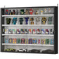 Black wall-mounted display cabinet with glass doors, five shelves holding model figures and cars.
