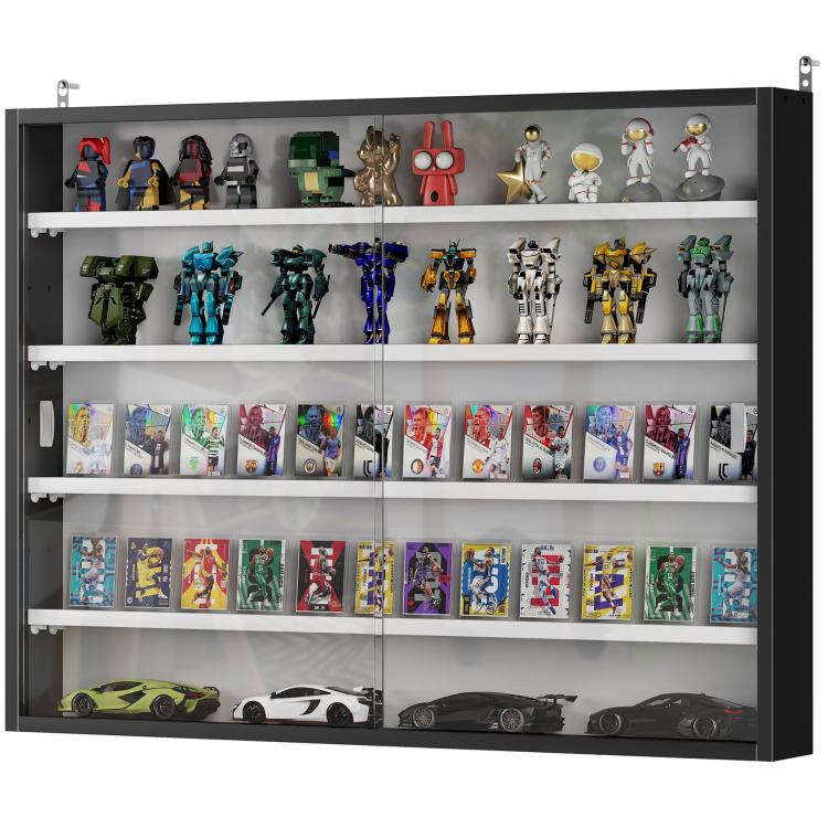 Black wall-mounted display cabinet with glass doors, five shelves holding model figures and cars.