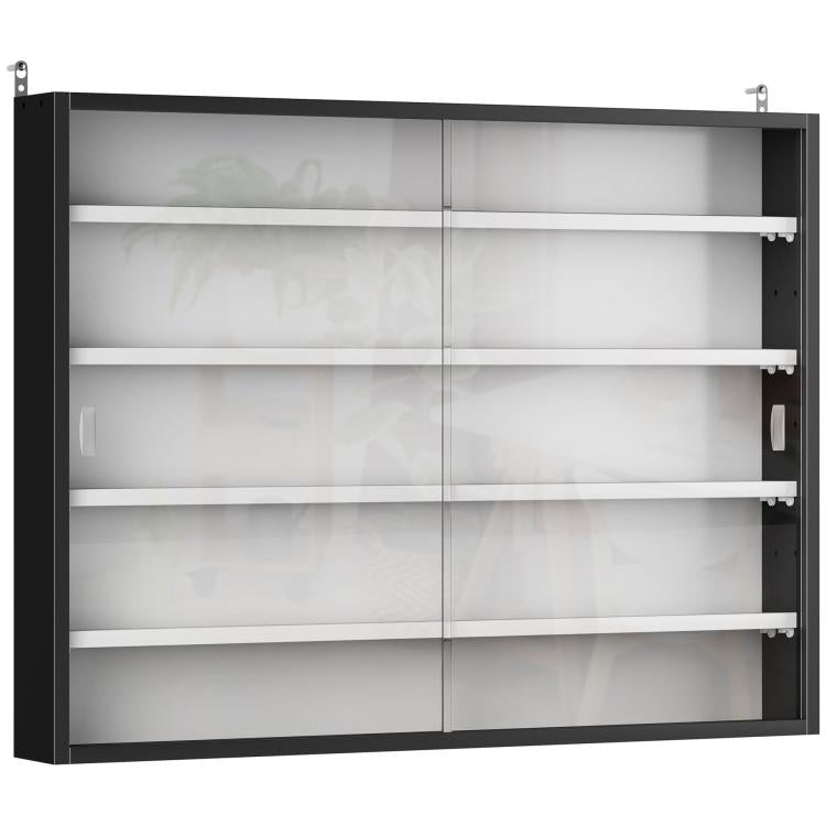 Wall-mounted black display cabinet with two glass doors and adjustable shelves