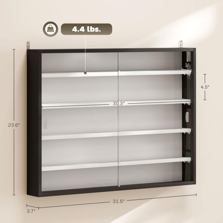 Black wall-mounted display cabinet with glass doors; size and weight diagram for the cabinet.