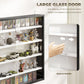 Black wall-mounted display cabinet with large glass door view of shelves and objects inside.