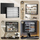 Black wall-mounted display cabinet with glass doors, shown in multiple storage-use layouts.