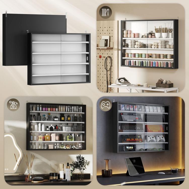 Black wall-mounted display cabinet with glass doors, shown in multiple storage-use layouts.