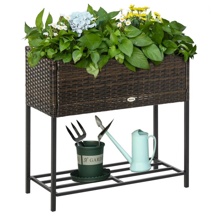 Brown rattan-style wicker elevated planter box with black metal tool shelf