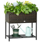 Brown rattan-style wicker raised planter box with black metal frame and shelf