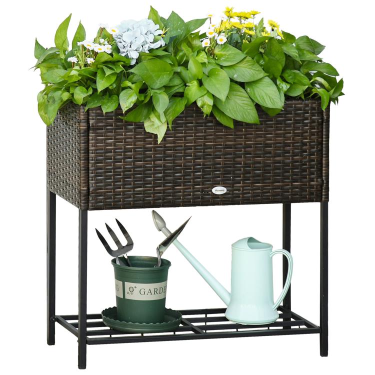 Brown rattan-style wicker raised planter box with black metal frame and shelf