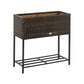 Brown wicker-look raised planter bed with lower tool shelf