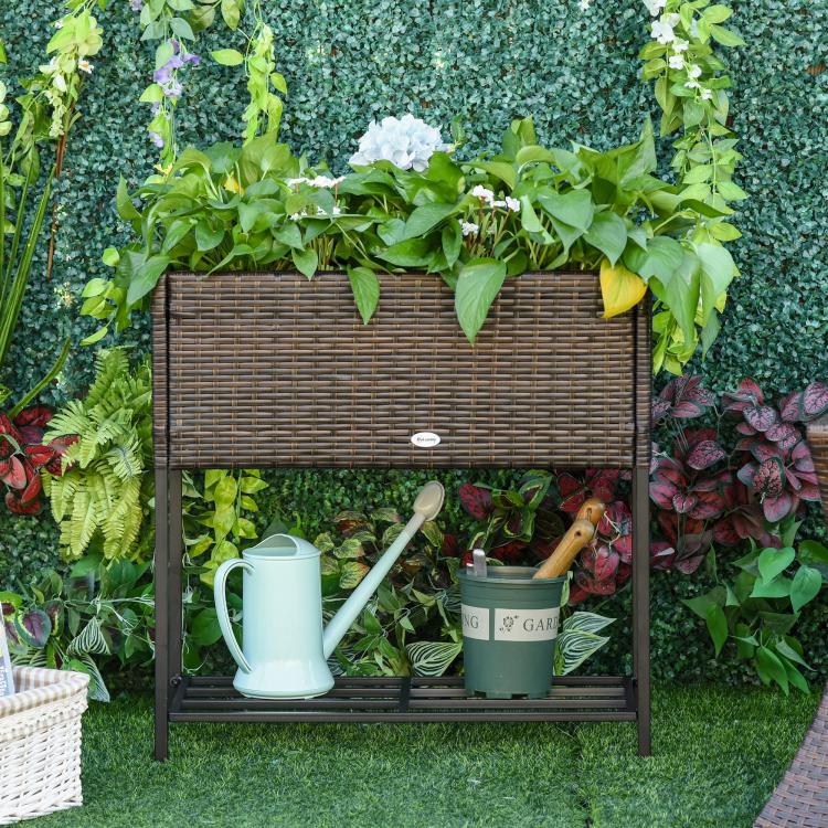 Brown rattan-style wicker elevated planter box with black metal base shelf