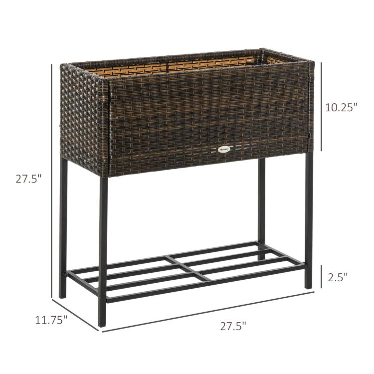 Brown rattan-style wicker raised planter box with black metal legs and shelf