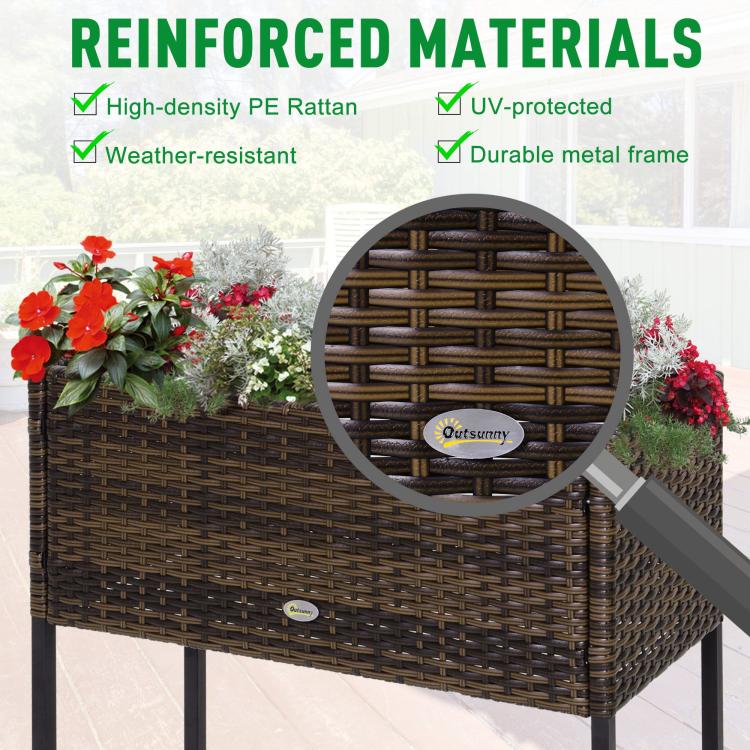 Brown rattan-style wicker planter box with black metal frame and reinforced weave