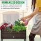 Brown rattan-style wicker planter box with black metal frame outdoors