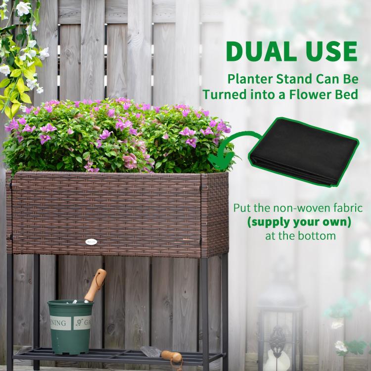 Brown rattan-style wicker planter box with black metal base and front panel