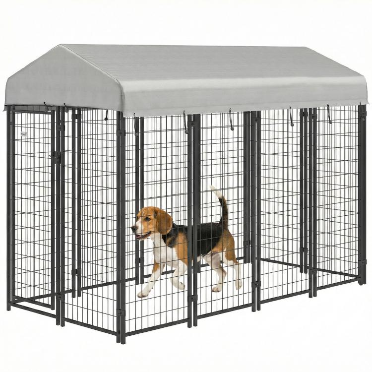 Outdoor dog kennel with gray roof and black wire mesh panels, front view