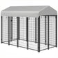 Outdoor dog kennel with gray roof, side view of black wire enclosure