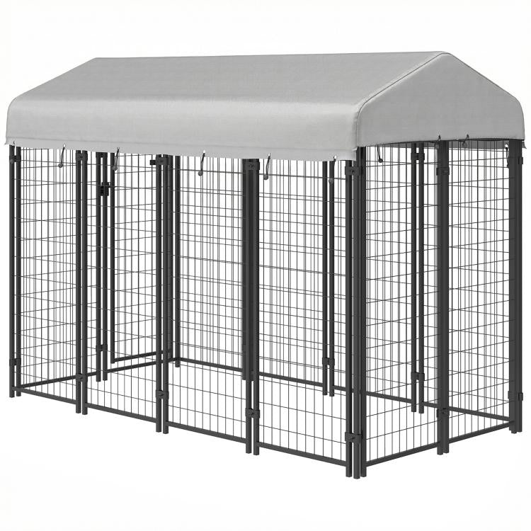 Outdoor dog kennel with gray roof, side view of black wire enclosure