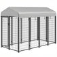 Outdoor dog kennel with gray roof cover, welded wire enclosure panels