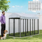 Outdoor dog kennel with gray cover and black wire frame, labeled dimensions view