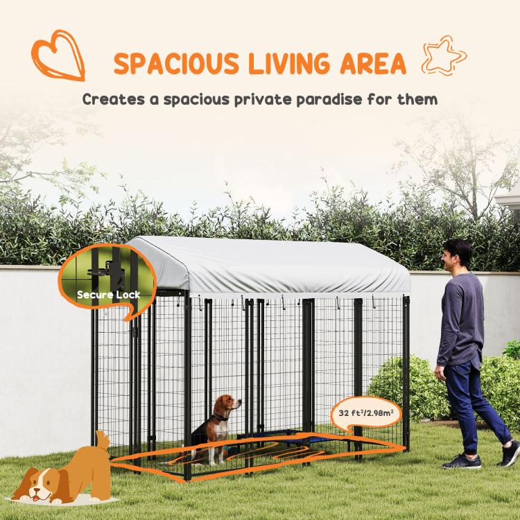 Outdoor dog kennel with roof and secure lock, black wire pen with dog