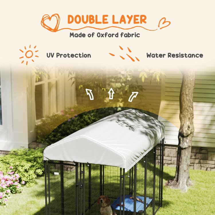 Outdoor dog kennel with double-layer gray roof cover over black wire enclosure
