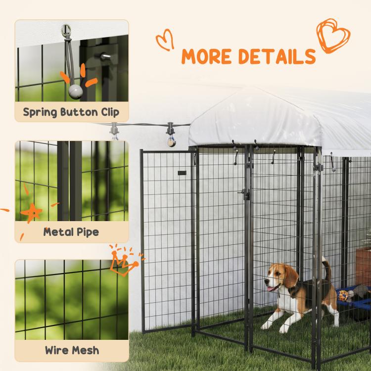 Outdoor dog kennel with roof and wire mesh walls, showing metal pipe details