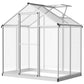 Walk-in polycarbonate greenhouse side view with double doors, clear panels, roof vent