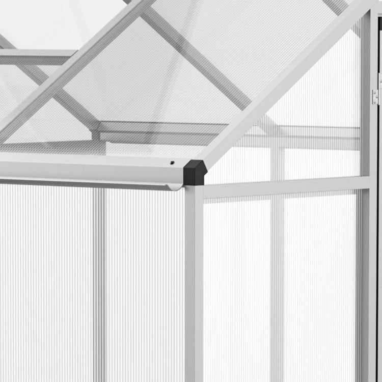 Walk-in polycarbonate greenhouse corner with roof vent and gray frame panels