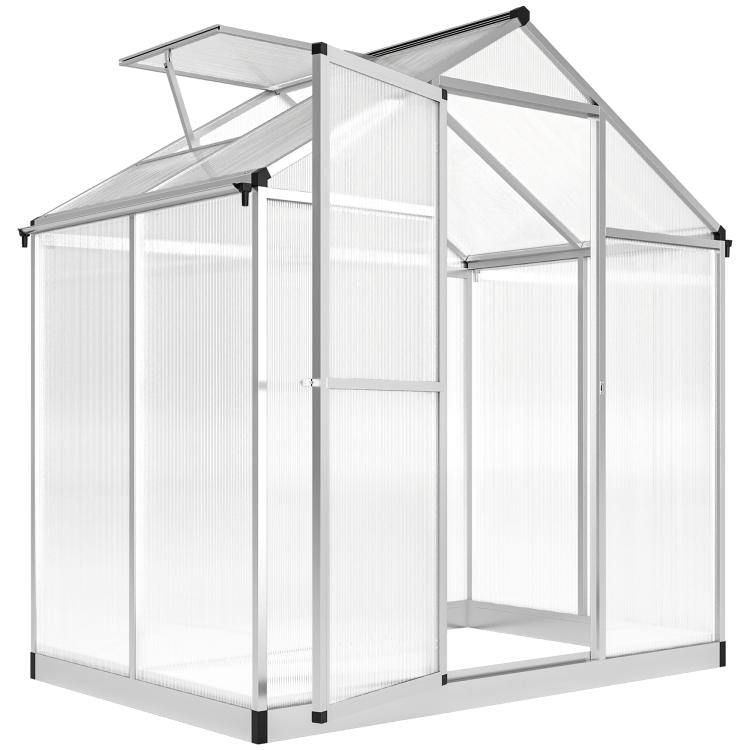 Walk-in polycarbonate greenhouse with roof vent, clear panels, and gray frame