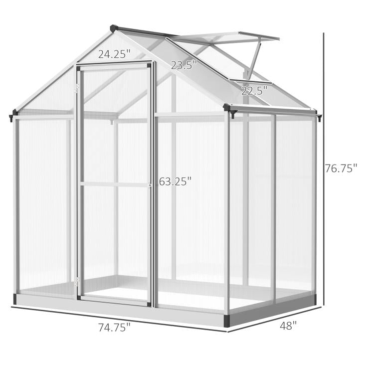 Walk-in polycarbonate greenhouse with double doors and roof vent, aluminum frame