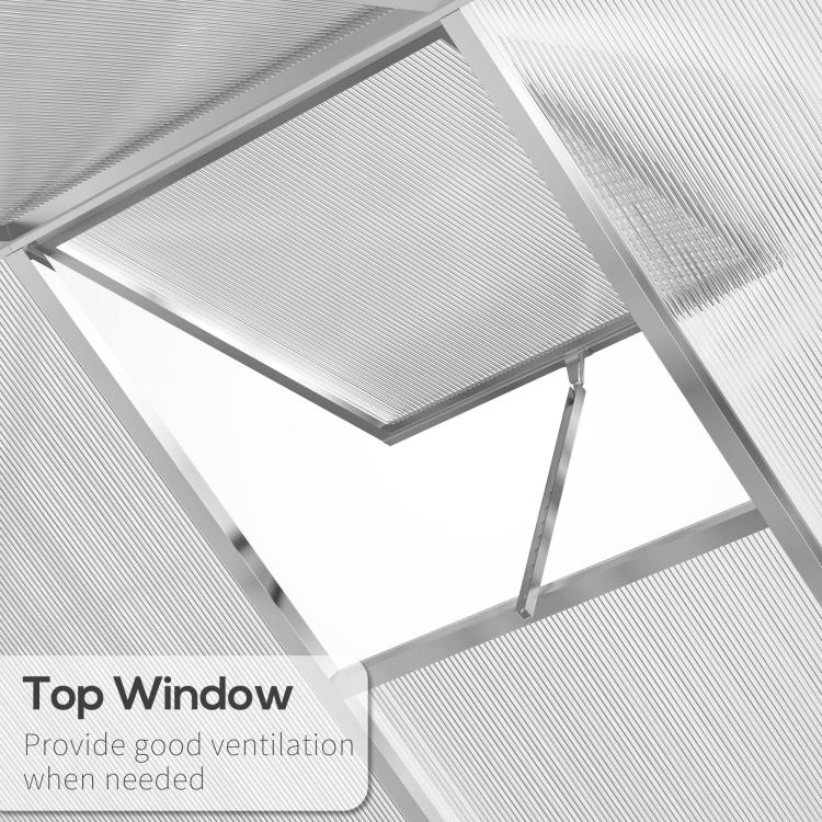 Greenhouse top window for ventilation with clear polycarbonate roof panel