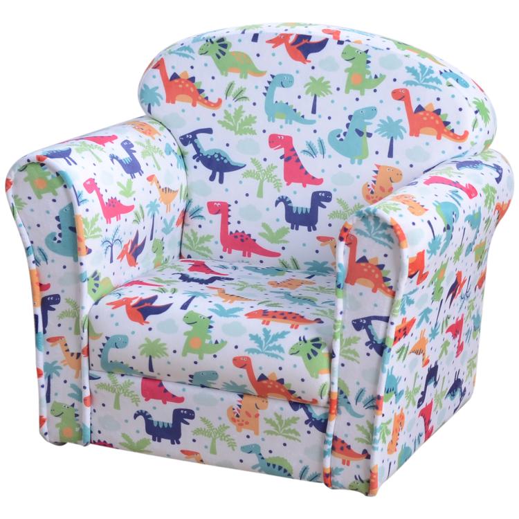 Kids dinosaur-themed upholstered armchair with padded back and seat, multicolor dino pattern