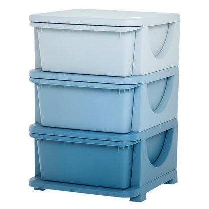 Blue 3-tier kids storage unit with three lidded drawers and curved handle cutouts