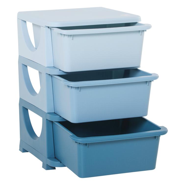 Blue 3-tier storage unit with three open drawers and rounded side handle cutouts