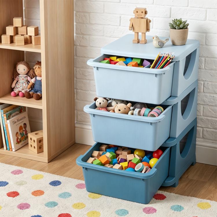 Blue 3-tier kids toy storage unit with three open drawer bins and toy clutter