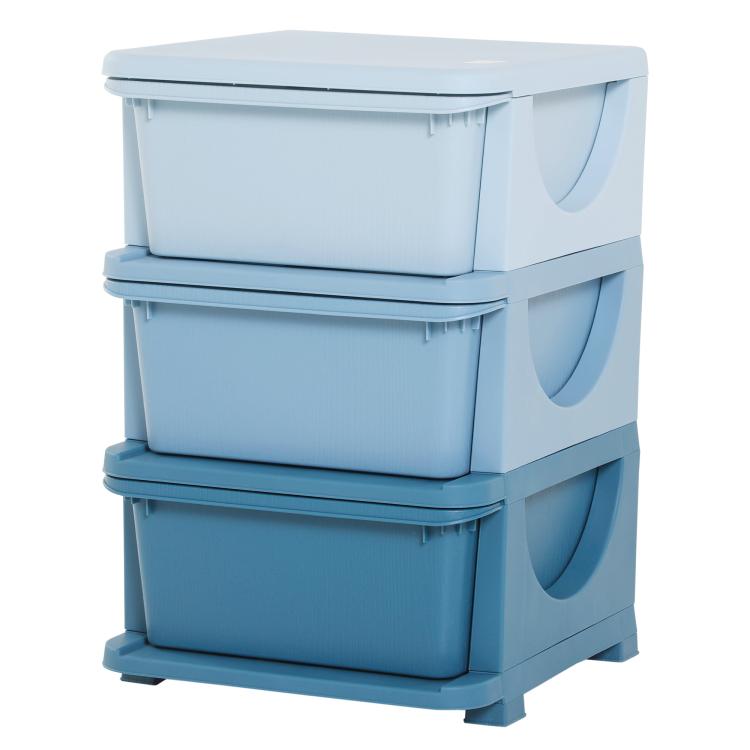 Blue 3-tier toy storage unit with three stacked front drawers and curved handles