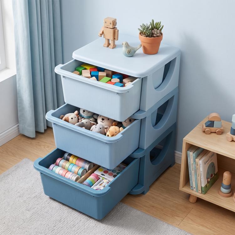 Blue 3-tier toy storage unit with three open bins and rounded side cutouts