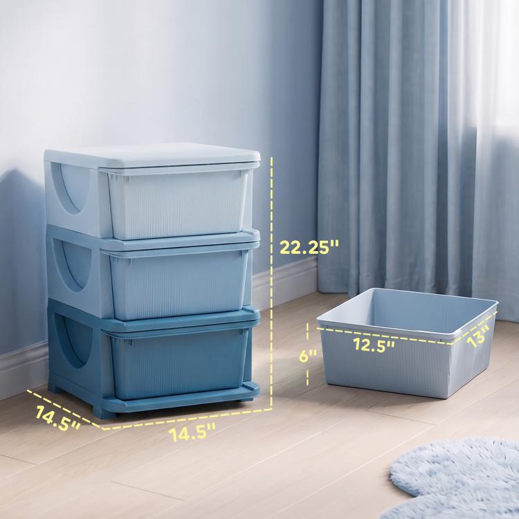 Blue 3-tier kids storage unit with three bins, with included size measurements