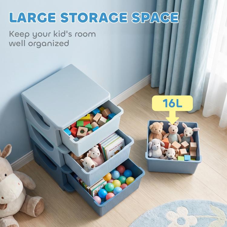 Blue 3-tier toy organizer showing top, middle, and bottom bins with toys inside