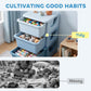 Blue 3-tier kids storage unit with open bins; toys neatly arranged inside