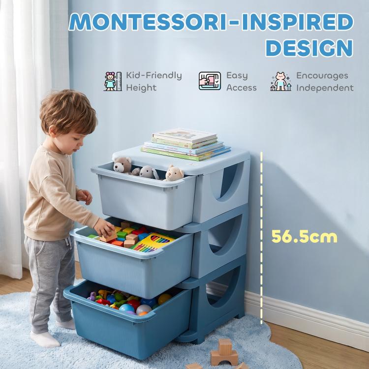 Blue 3-tier kids storage organizer with three bins; child reaching for toys