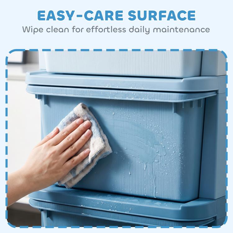 Blue 3-tier storage unit close-up: wipe-clean front drawer surface