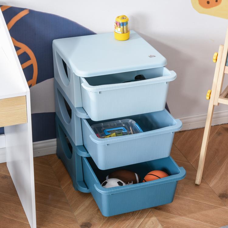Blue 3-tier toy storage unit with three bins holding small toys and blocks
