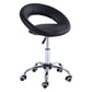 Black cushioned rolling stool with curved back and chrome caster base