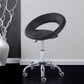 Black padded salon stool with curved open-back seat and chrome rolling base