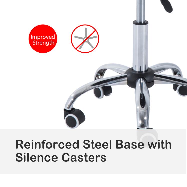 Reinforced chrome base rolling stool with black casters and adjustable height pole