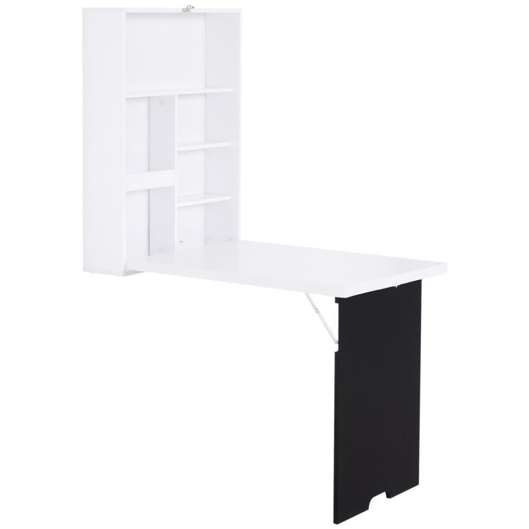 Wall-mounted foldable desk with white shelving unit and extended dark tabletop