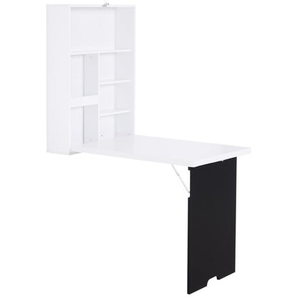 Wall-mounted foldable desk with white shelving unit and extended dark tabletop