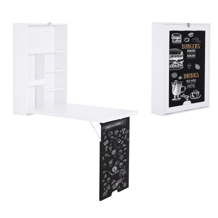 White wall desk cabinet with fold-out tabletop and blackboard panel, front views